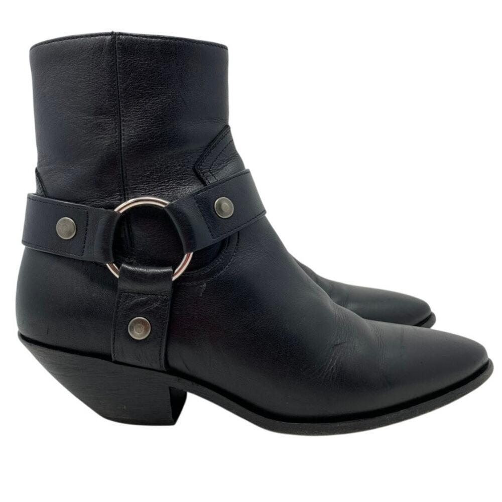 YSL Saint Laurent West 45 Harness Western Ankle Boots Black Leather 37